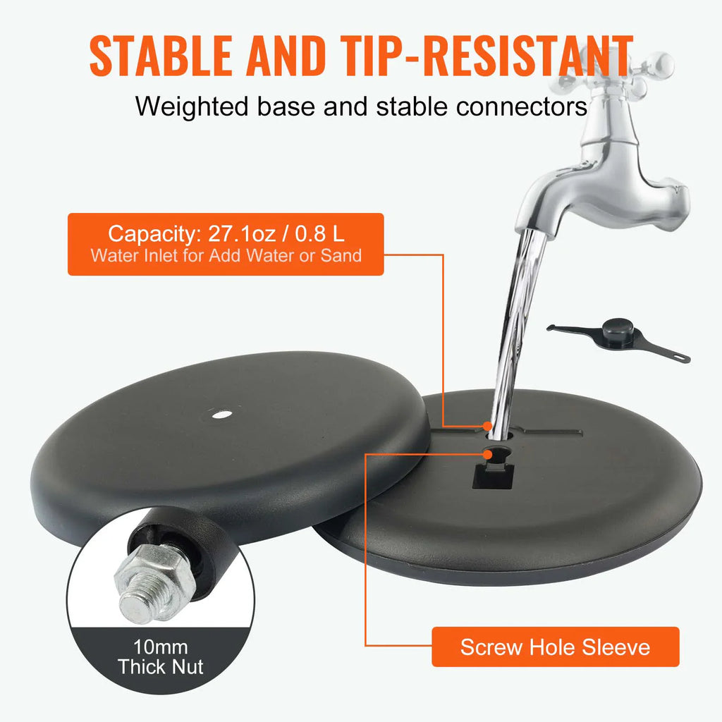Pedestal sign holder base being filled with water, highlighting the weighted base and thick screw nut.