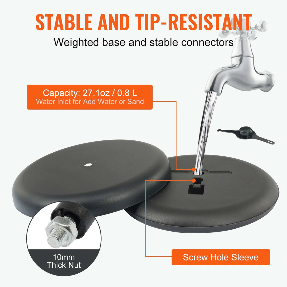 Pedestal sign holder base being filled with water, highlighting the weighted base and thick screw nut.