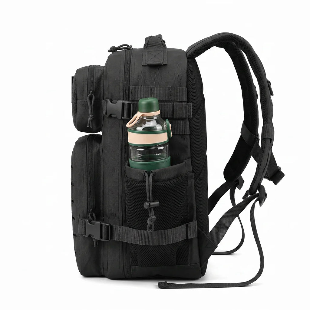 Side view of a black tactical fitness backpack showing mesh pocket and heavy-duty side strap.
