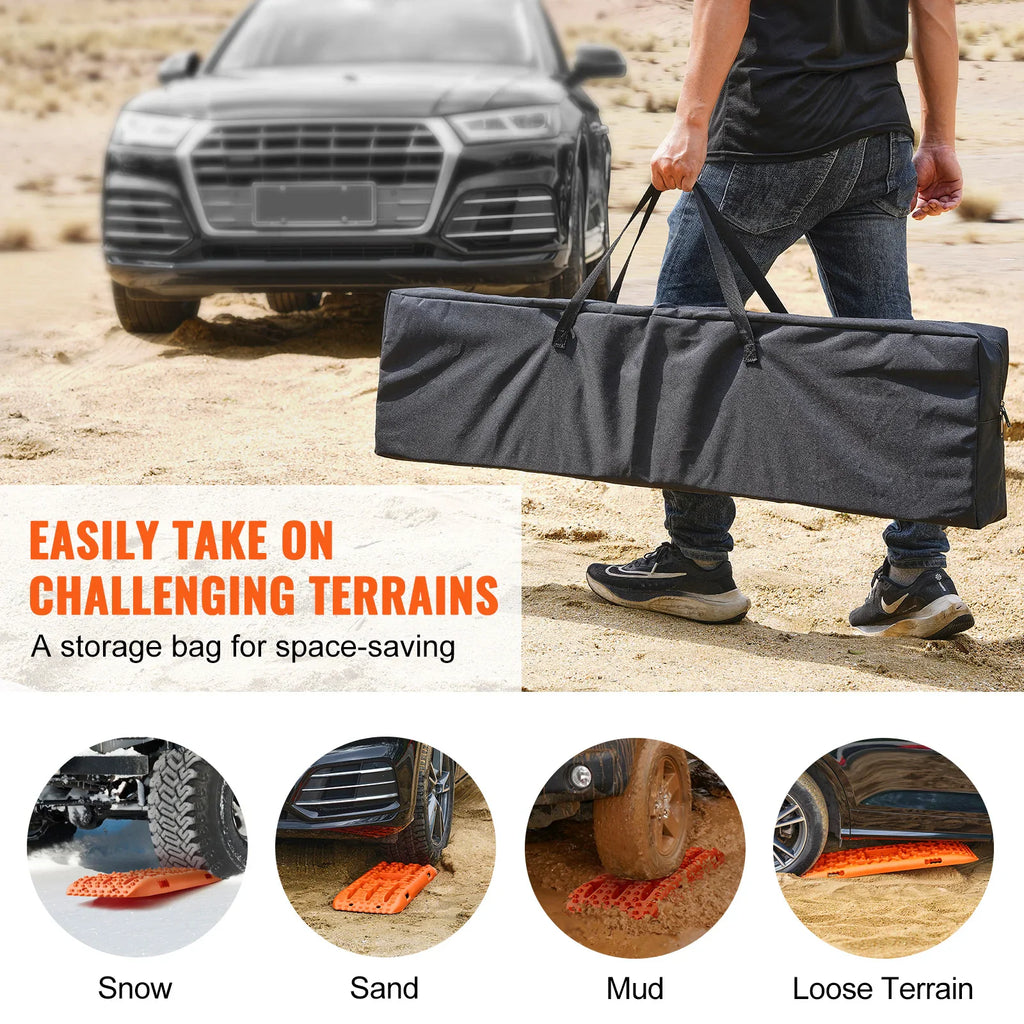 A person carrying a storage bag for traction boards with example photos of use in snow, sand, mud and loose terrain.