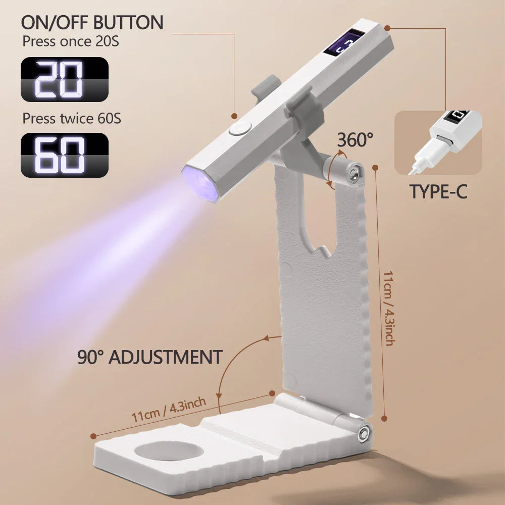 Diagram of portable LED UV nail lamp showing dimensions, adjustable angles, and charging type