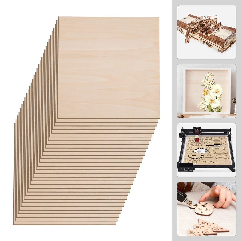 A stack of square wooden basswood boards with examples of crafts made from them