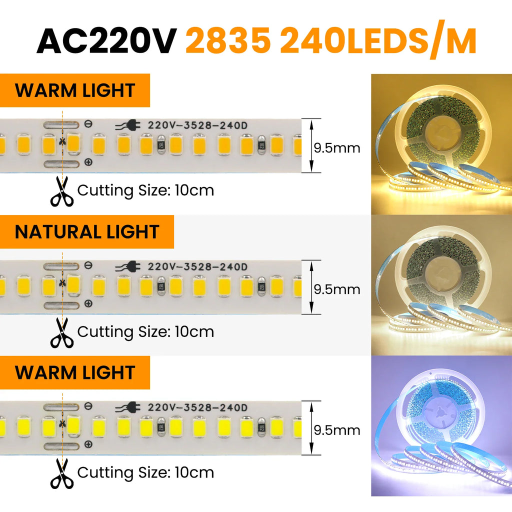 AC 110V 220V LED Strip With 2PIN Cable 240Leds/M IP44 3000K 4000K 7000K Self Adhesive Flexible Ribbon Stripe Home Decor Light – view 6