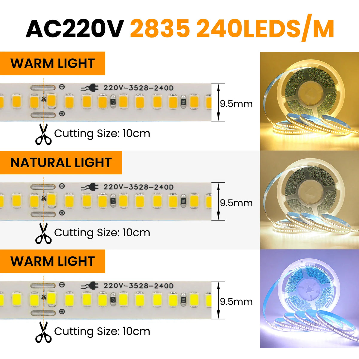 AC 110V 220V LED Strip With 2PIN Cable 240Leds/M IP44 3000K 4000K 7000K Self Adhesive Flexible Ribbon Stripe Home Decor Light – view 6