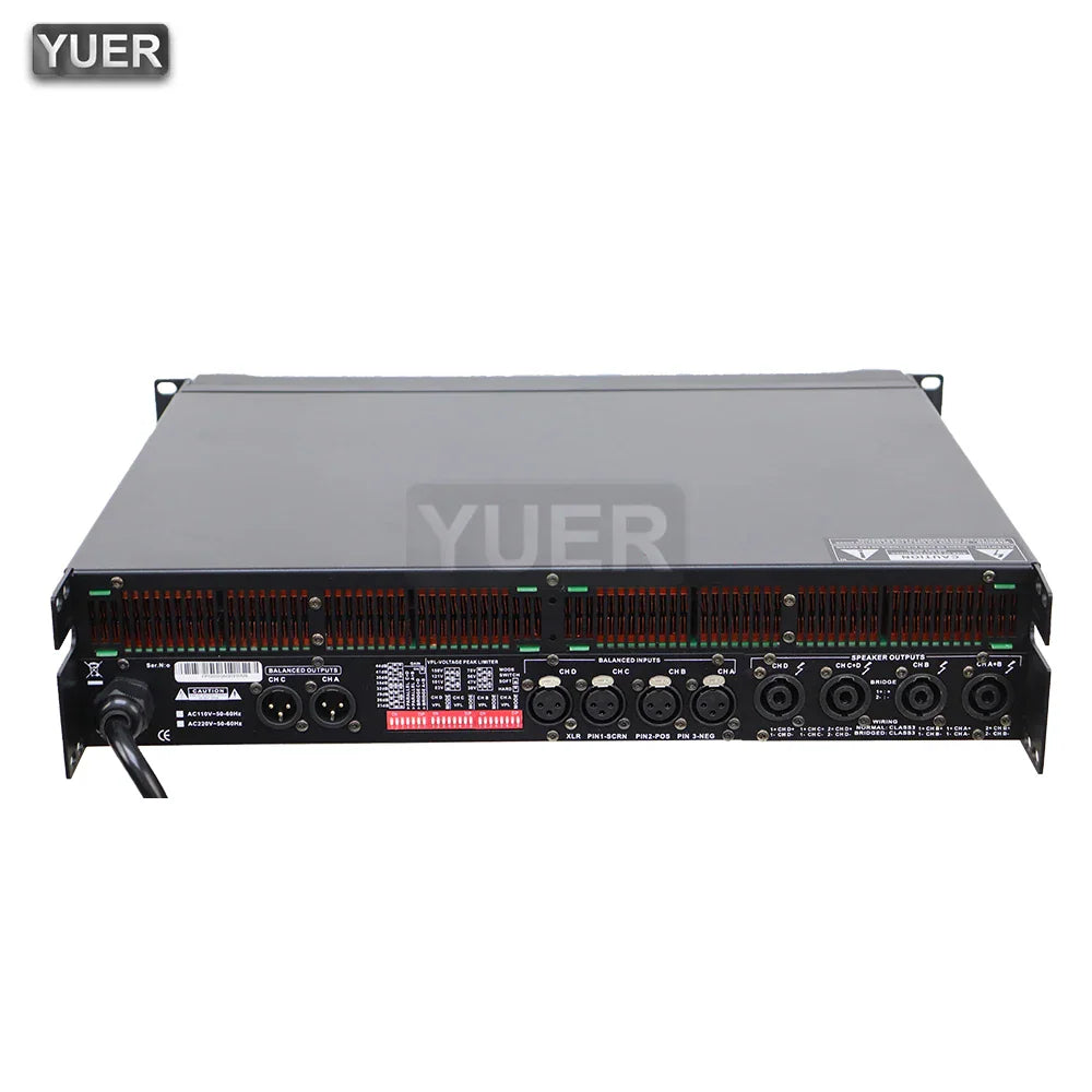 Rear view of black 4-channel power amplifier with XLR and speaker output ports