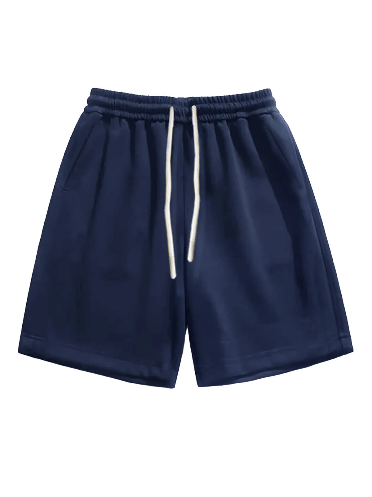 Men's solid navy blue casual drawstring shorts.
