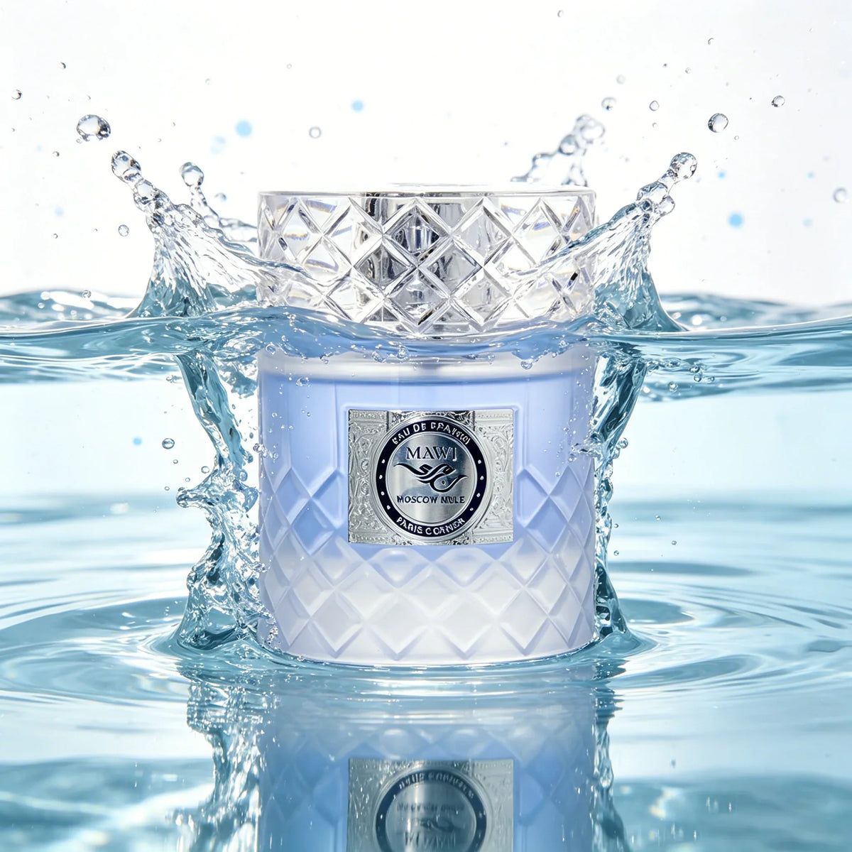 Unisex perfume bottle splashing in water with a ripple effect