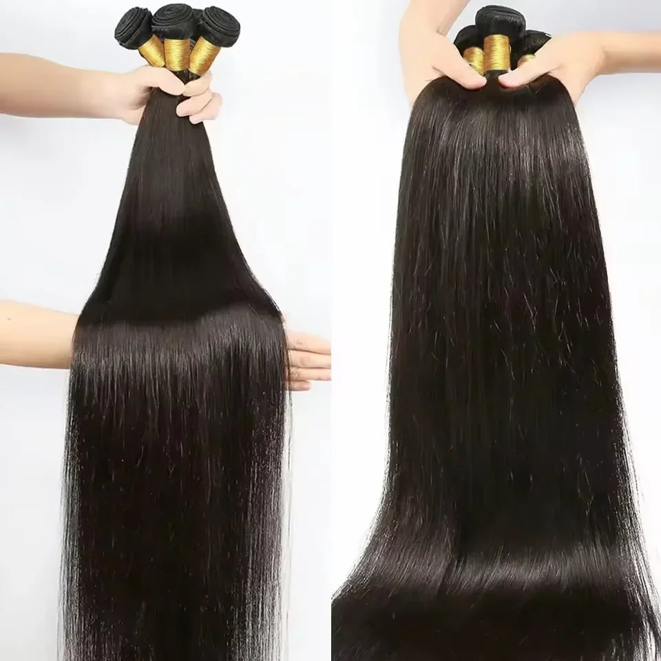 Straight black human hair extensions shown in multiple bundles.