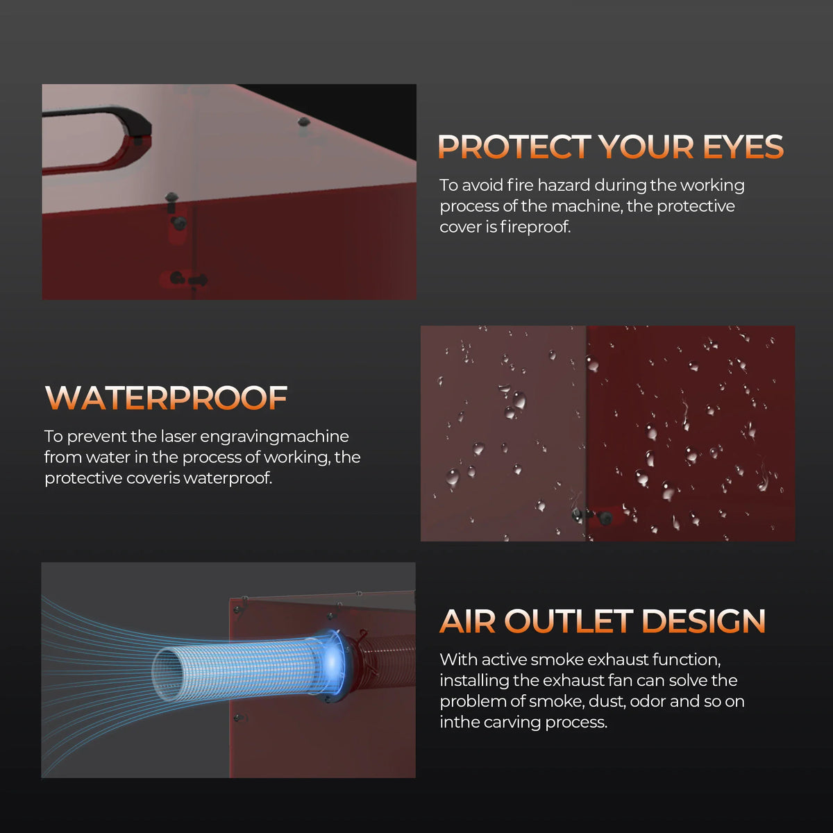 Detailed features of a laser machine enclosure including waterproof and exhaust details