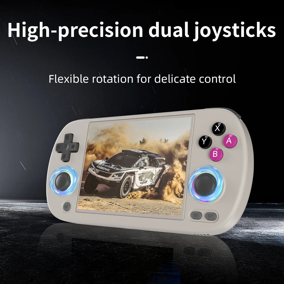 Handheld game console highlighting high-precision dual joysticks