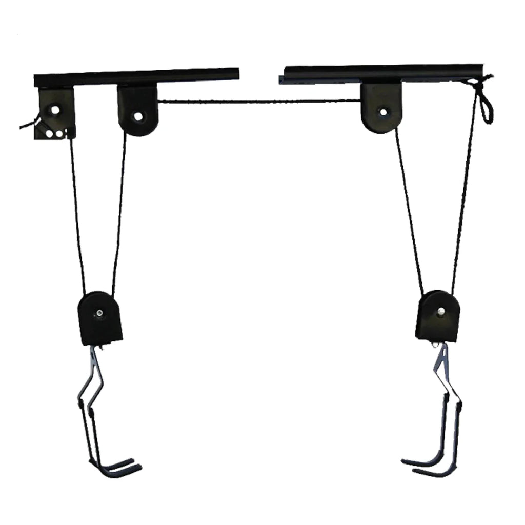 A black ceiling pulley hoist system for hanging bicycles, shown on a white background.