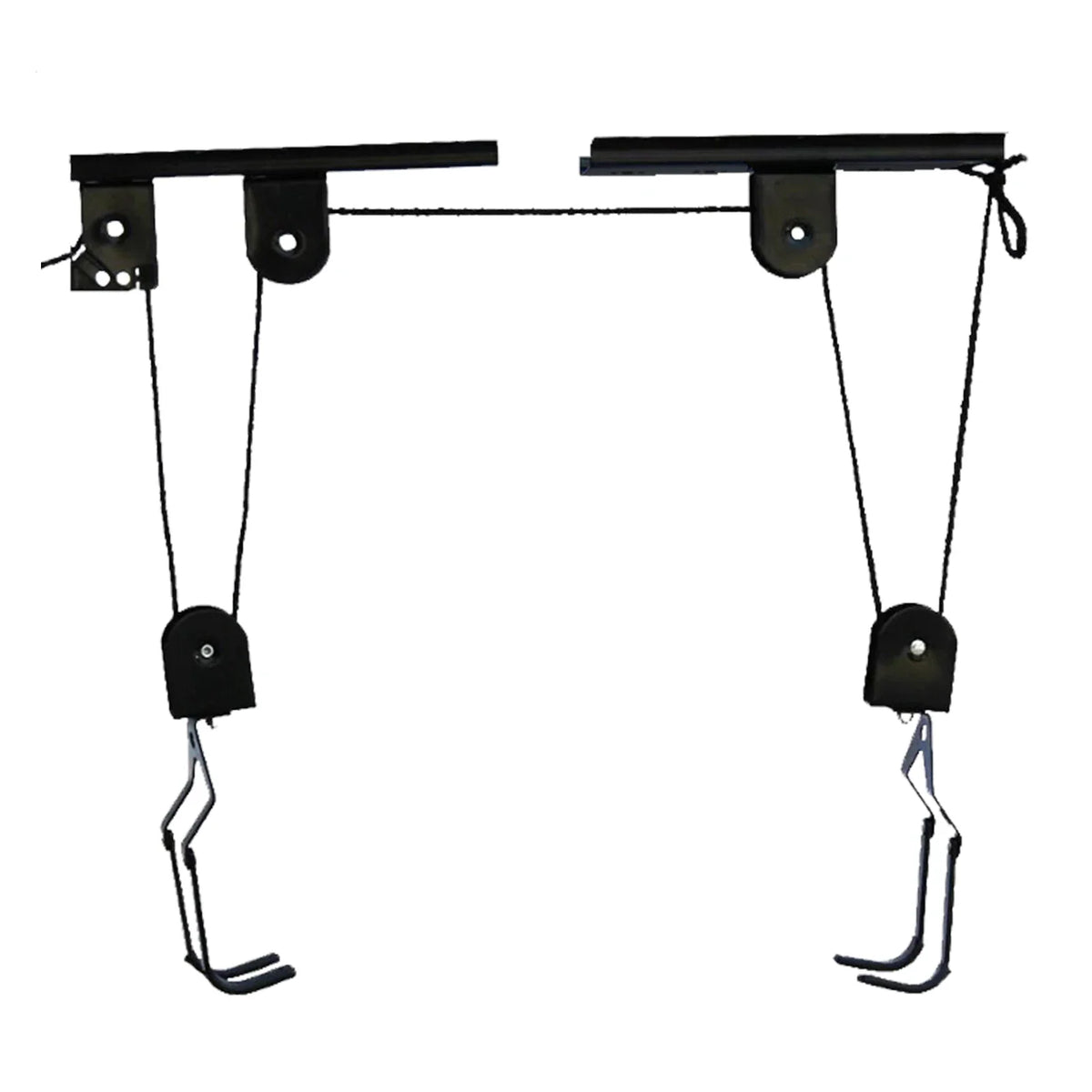 A black ceiling pulley hoist system for hanging bicycles, shown on a white background.