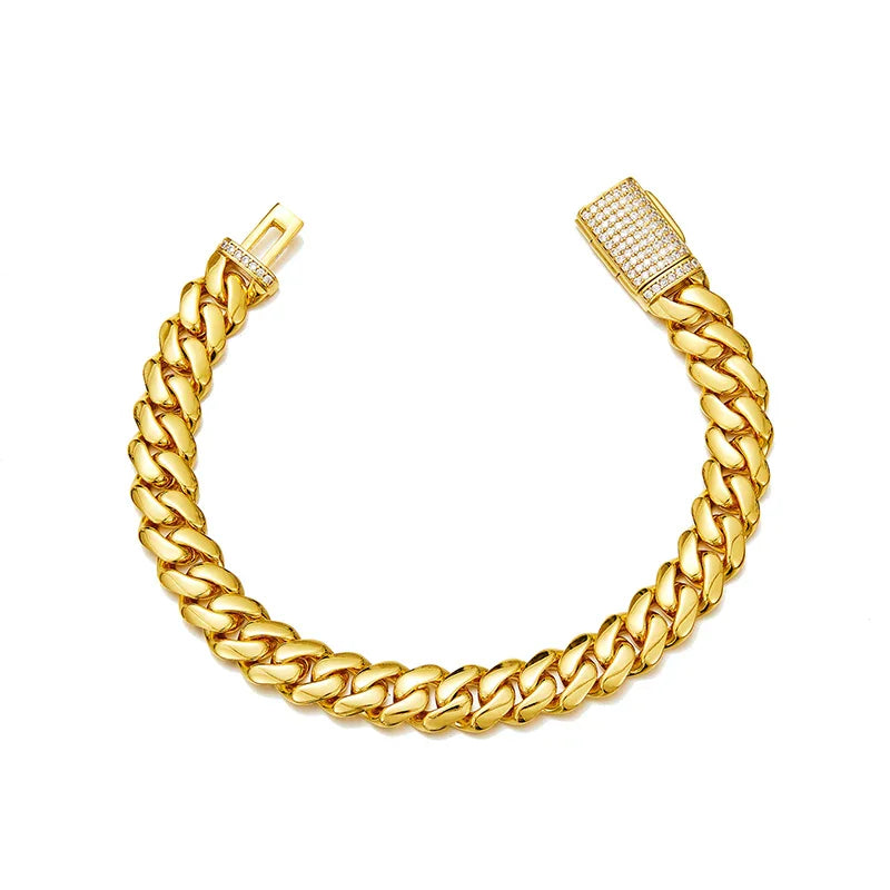 Gold cuban link bracelet for men with a diamond-encrusted clasp