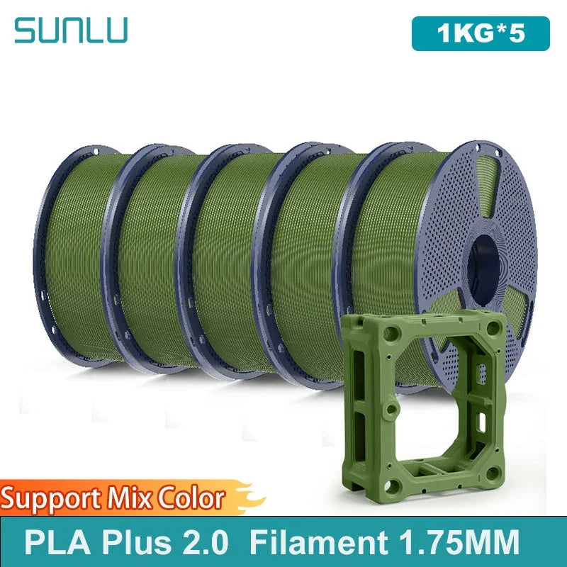 Five green spools of 1.75mm PLA plus 3D printer filament with a square model sample