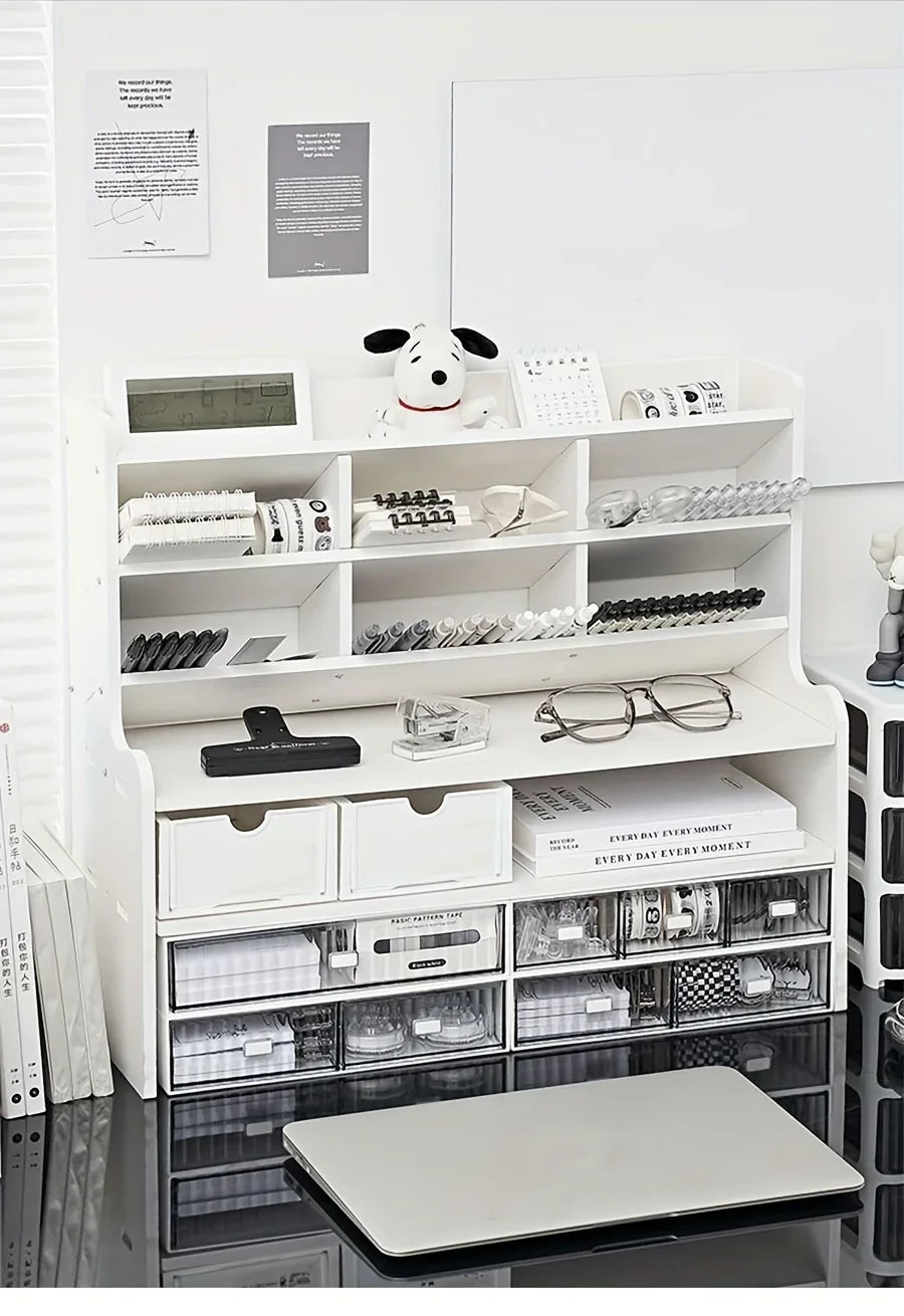 White desktop storage shelf with drawers and compartments for stationery