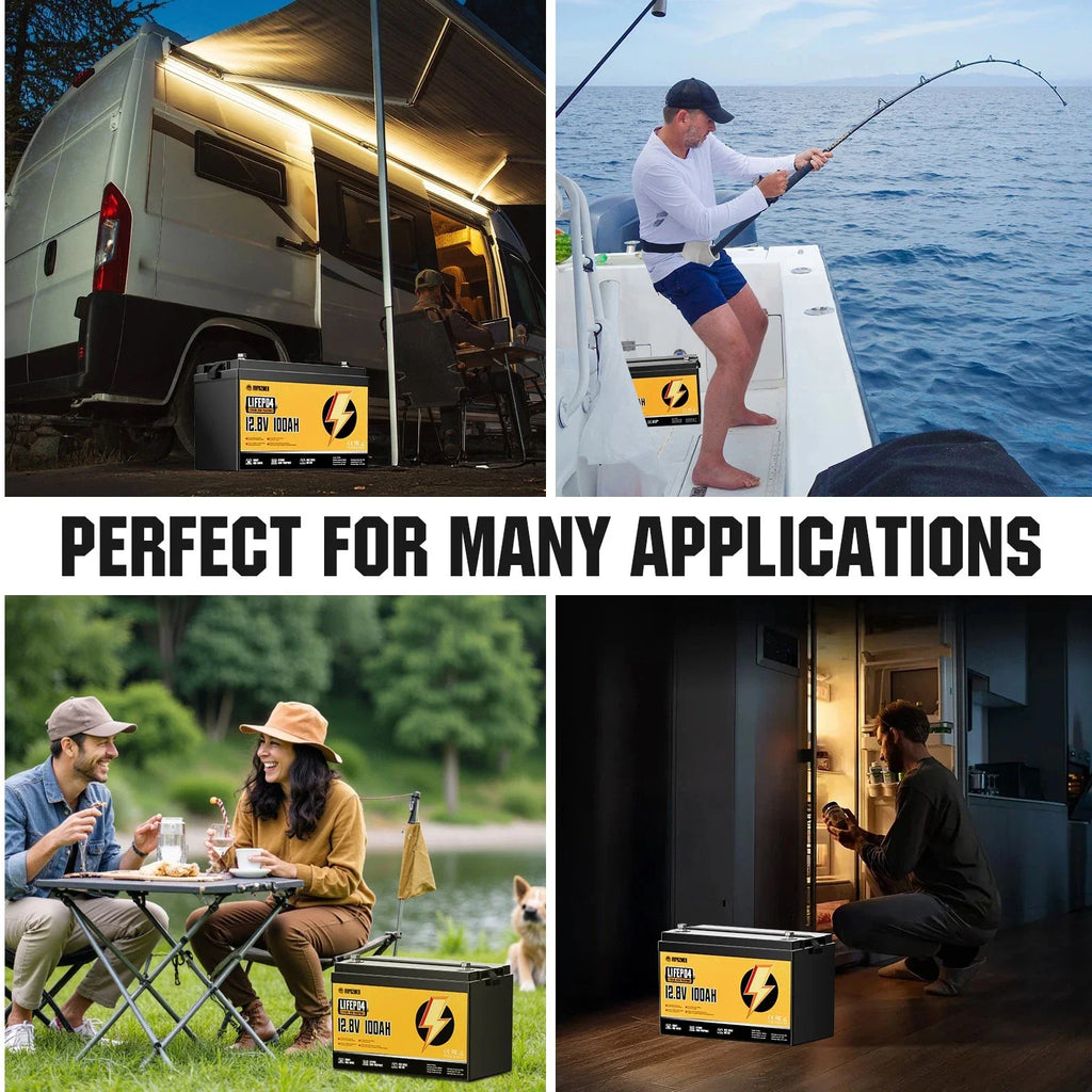 Lithium iron phosphate battery shown in multiple applications including RV camping, fishing boats, and home use.