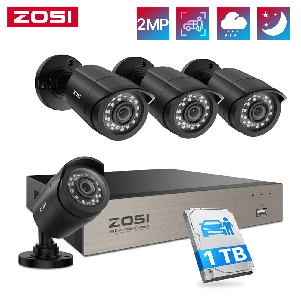A 1080p security camera surveillance system with four bullet cameras, a digital video recorder, and a hard drive.