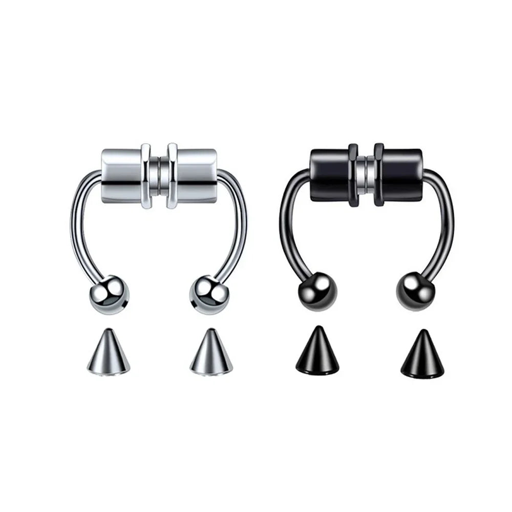 Two magnetic septum rings in silver and black colours with additional cone attachments
