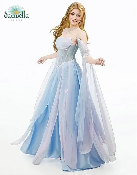 Side profile view of a woman in a blue butterfly fairy style long dress with corset bodice