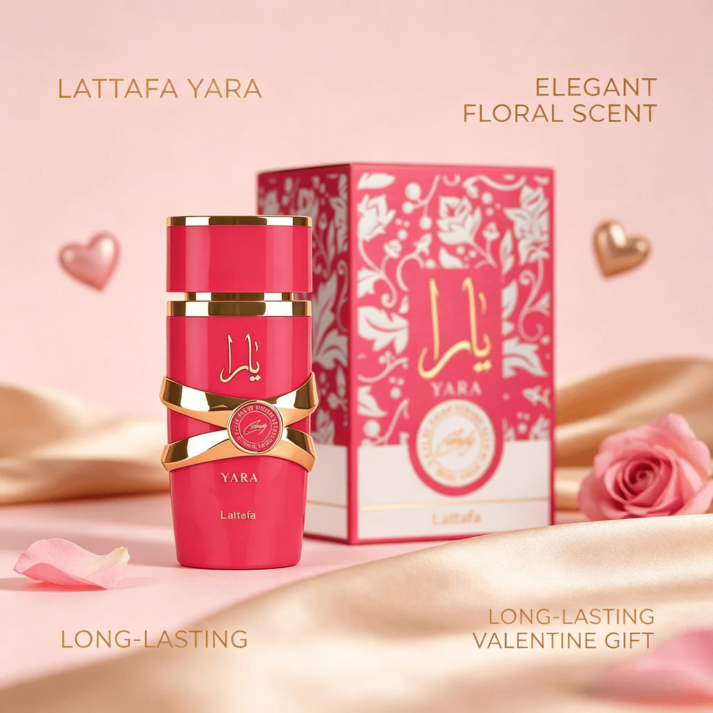 A pink perfume bottle and its box surrounded by flowers, satin fabric, and heart decorations.