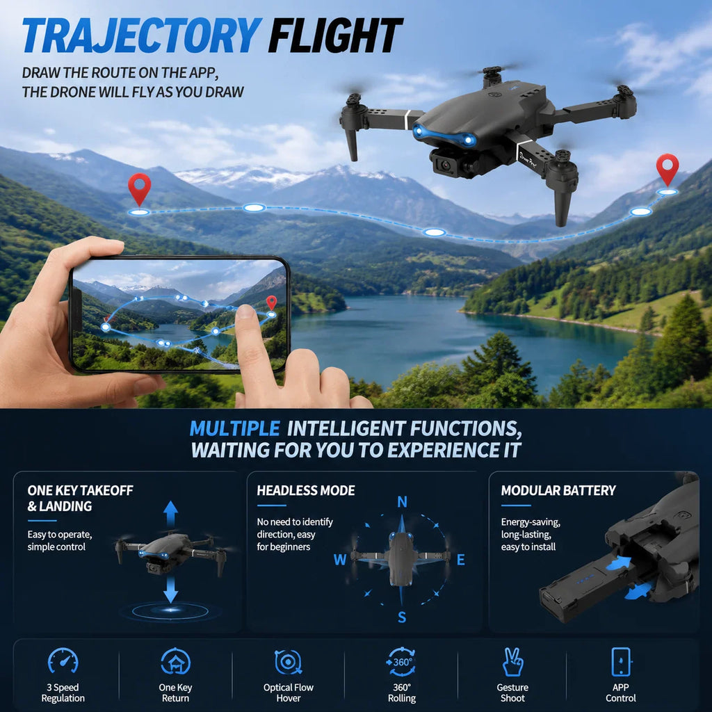 Person drawing a flight path on a smartphone app screen for a foldable drone.