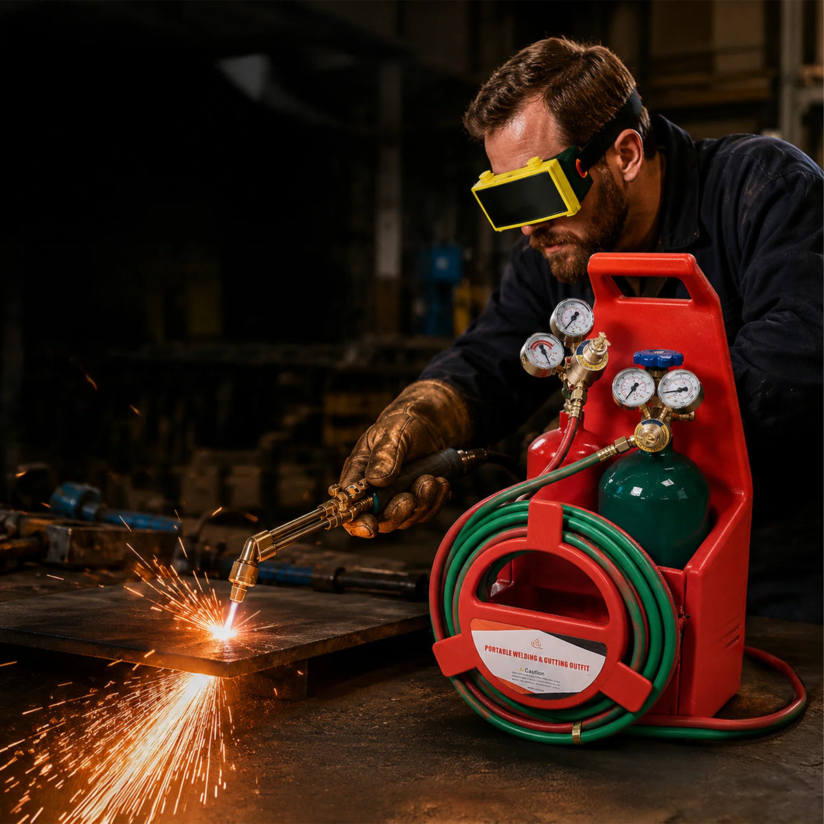 A man using an oxygen acetylene torch for welding with protective goggles