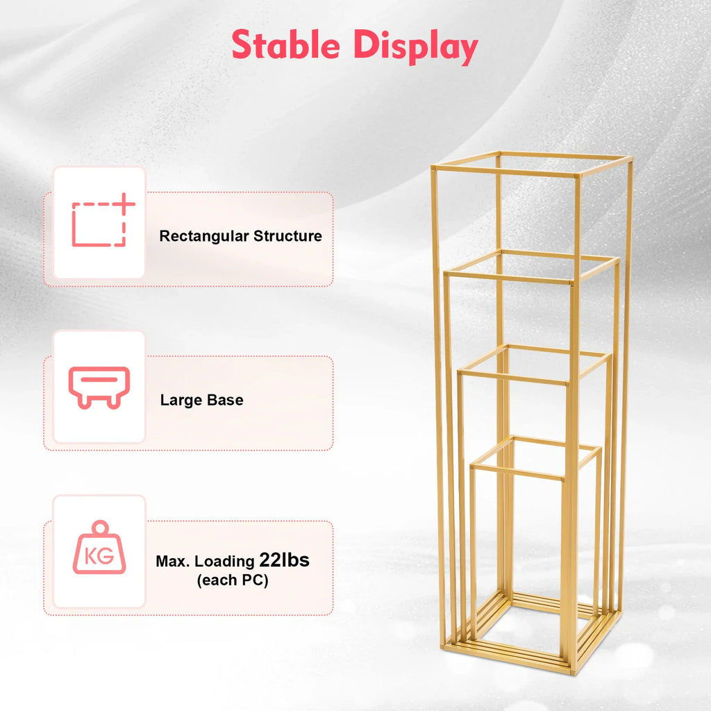 Single gold metal rectangular flower stand showing a stable geometric structure