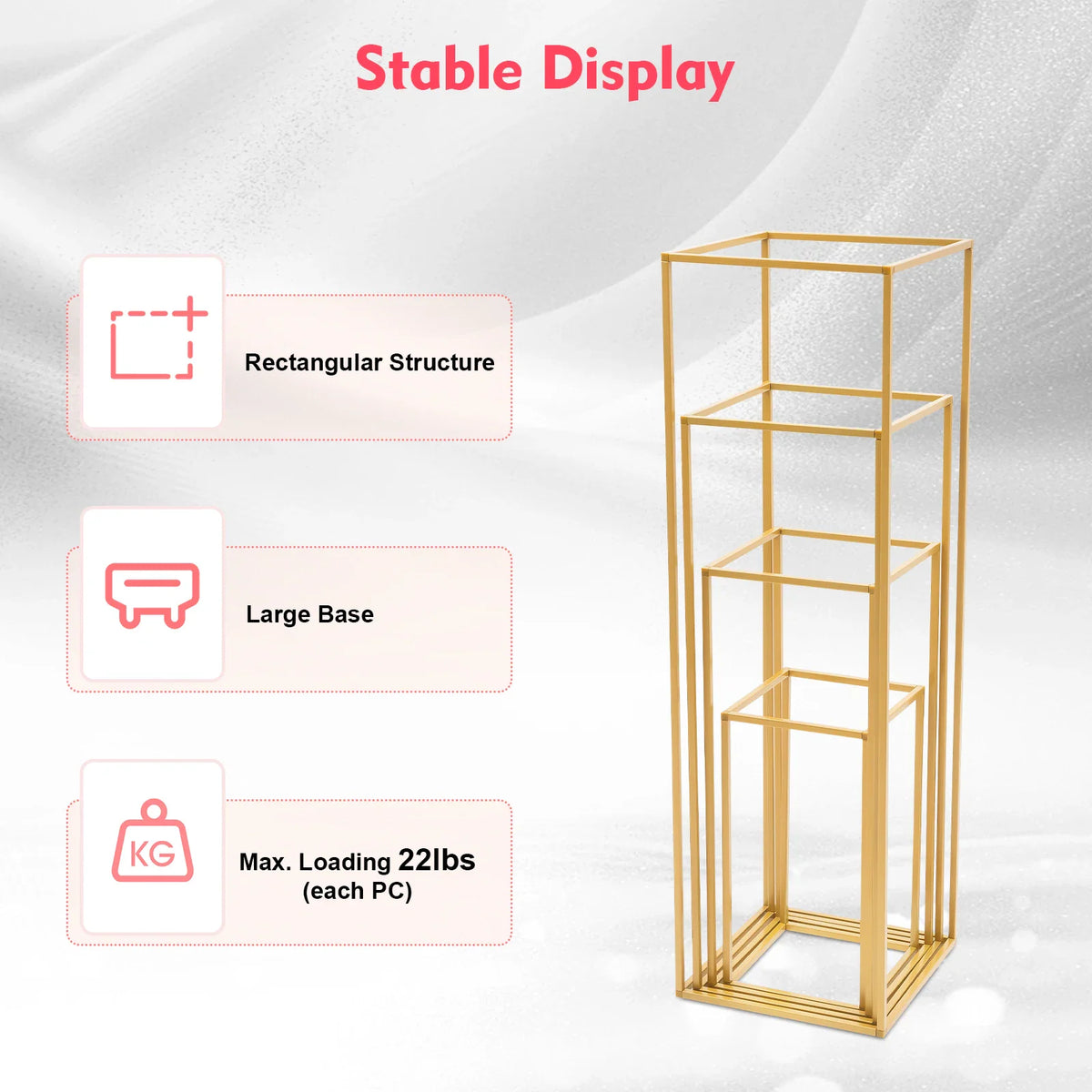 Single gold metal rectangular flower stand showing a stable geometric structure