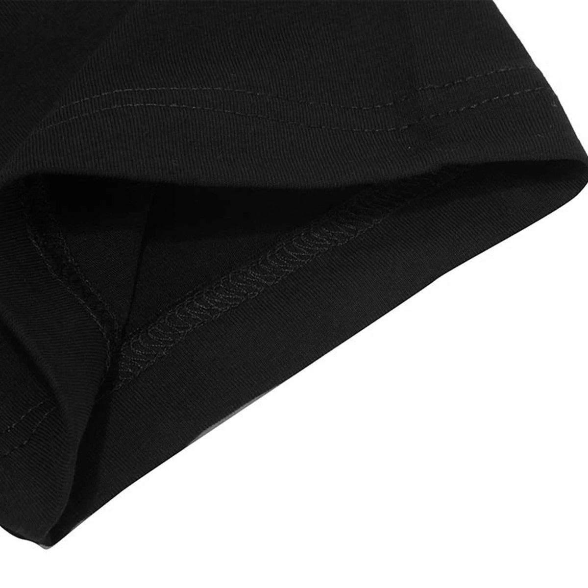 Close-up detail of the double-stitched hem on the sleeve of a black t-shirt