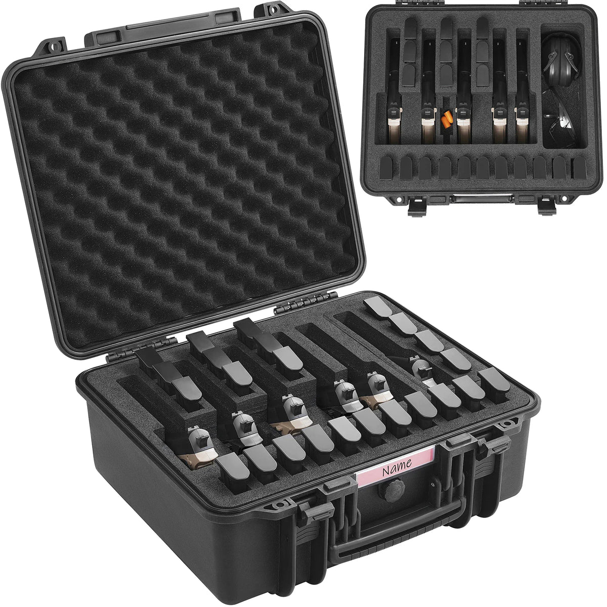 Black hard protective case for firearms with customized foam interior inserts and protective ear muffs.