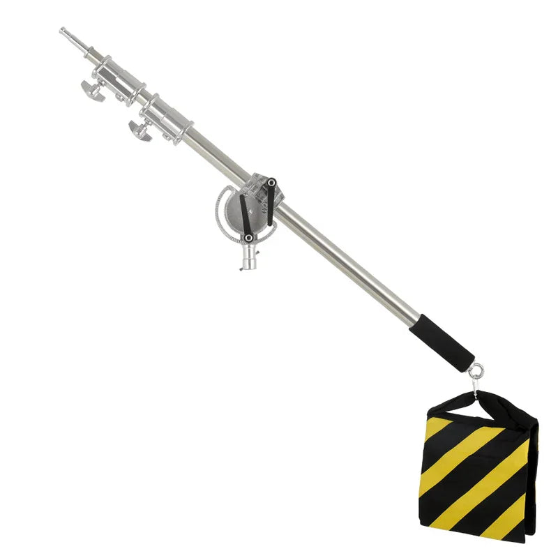 Stainless steel telescopic boom arm with black and yellow counterweight bag