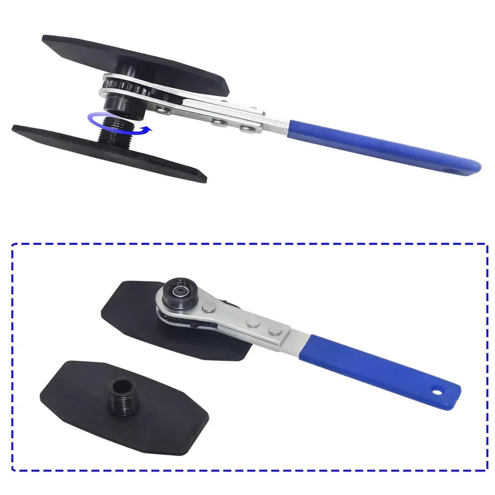 Ratcheting brake piston spreader tool with blue handle and two removable metal plates.