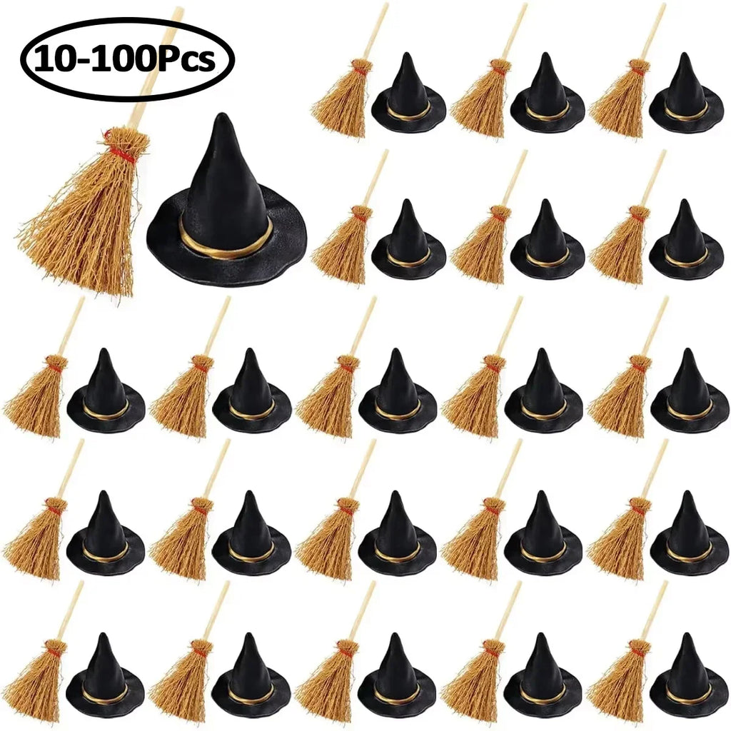Miniature witch hats and straw brooms for Halloween crafting