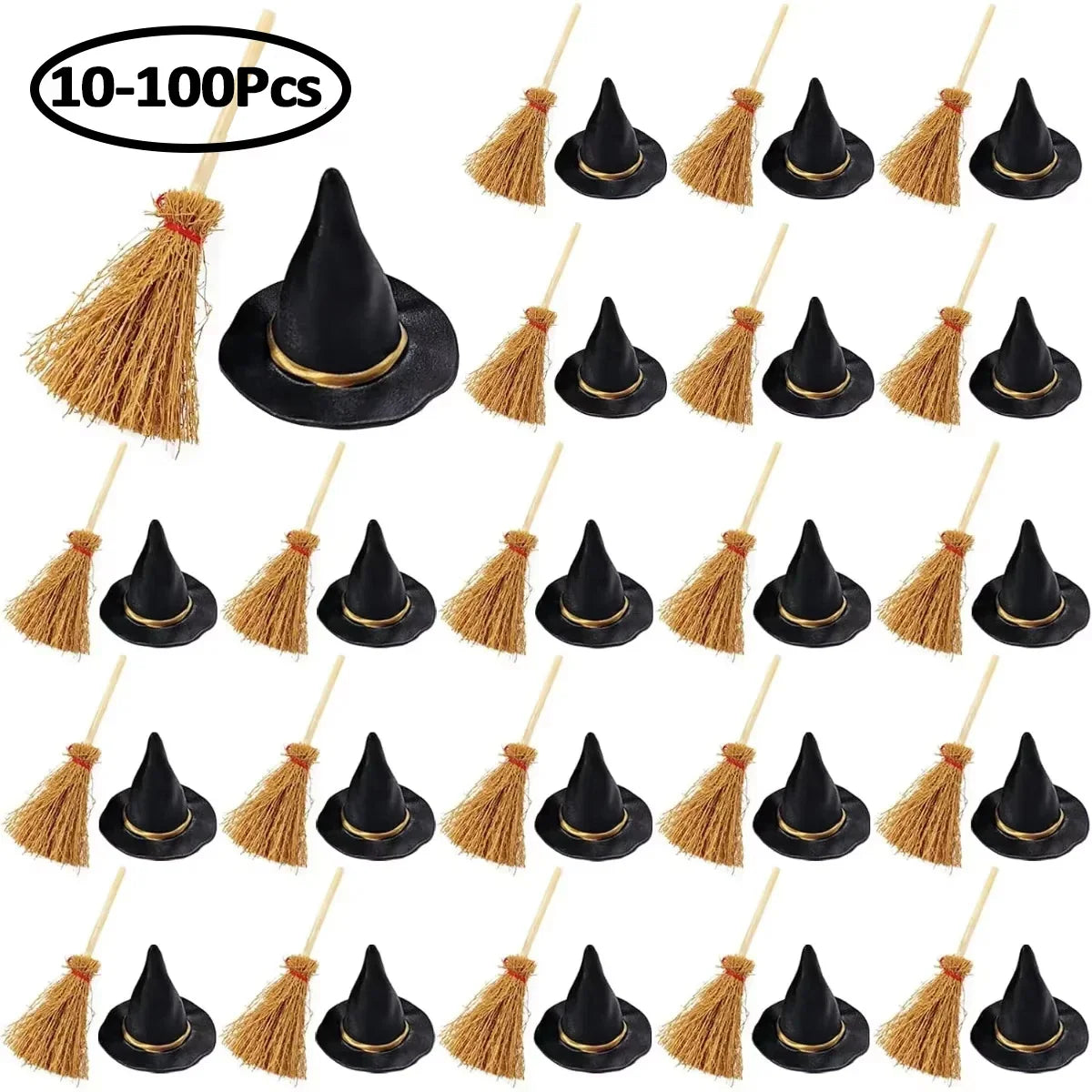 Miniature witch hats and straw brooms for Halloween crafting