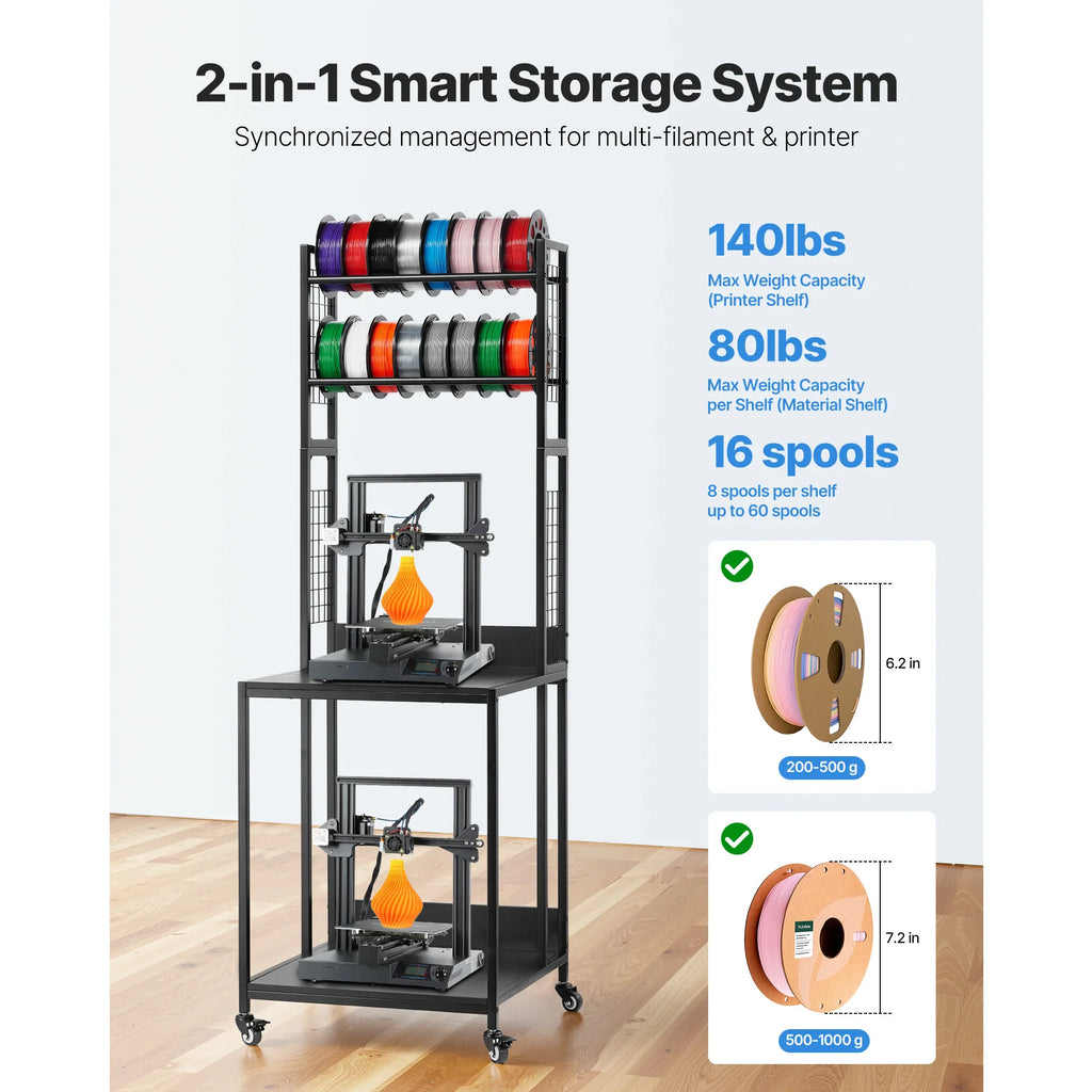 A 3D printer and filament storage cart with specifications and compatibility information overlaid on the image.