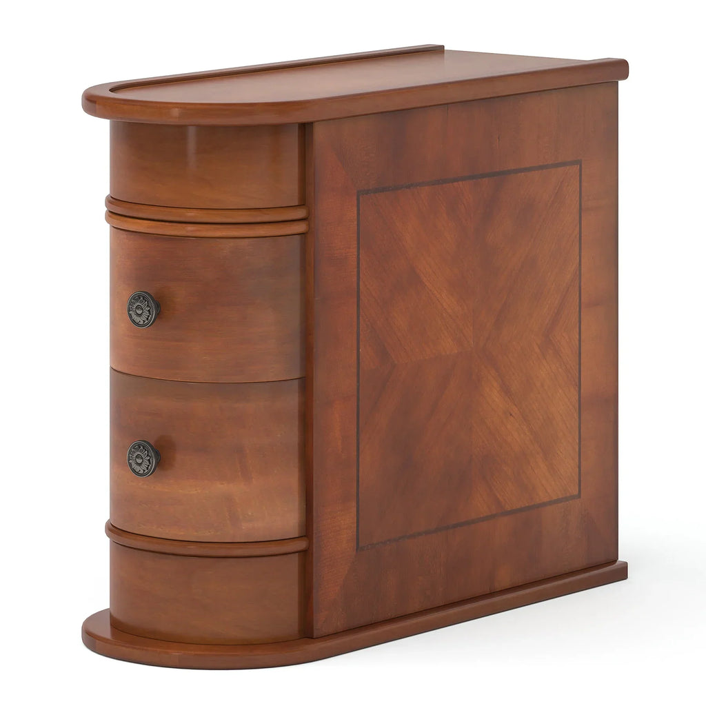 Standalone narrow wooden end table with two closed drawers