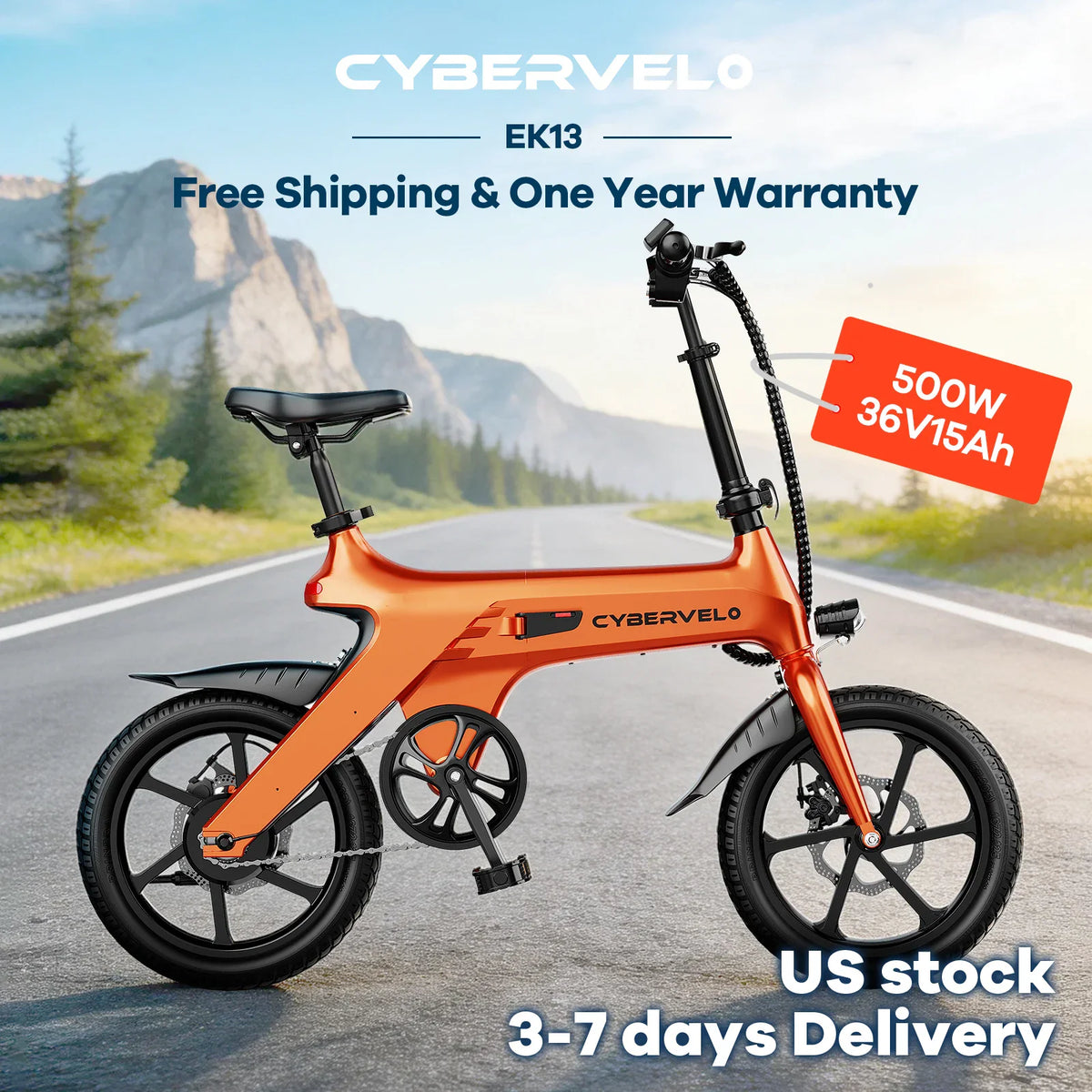 Orange foldable electric commuter bike in a scenic outdoor setting