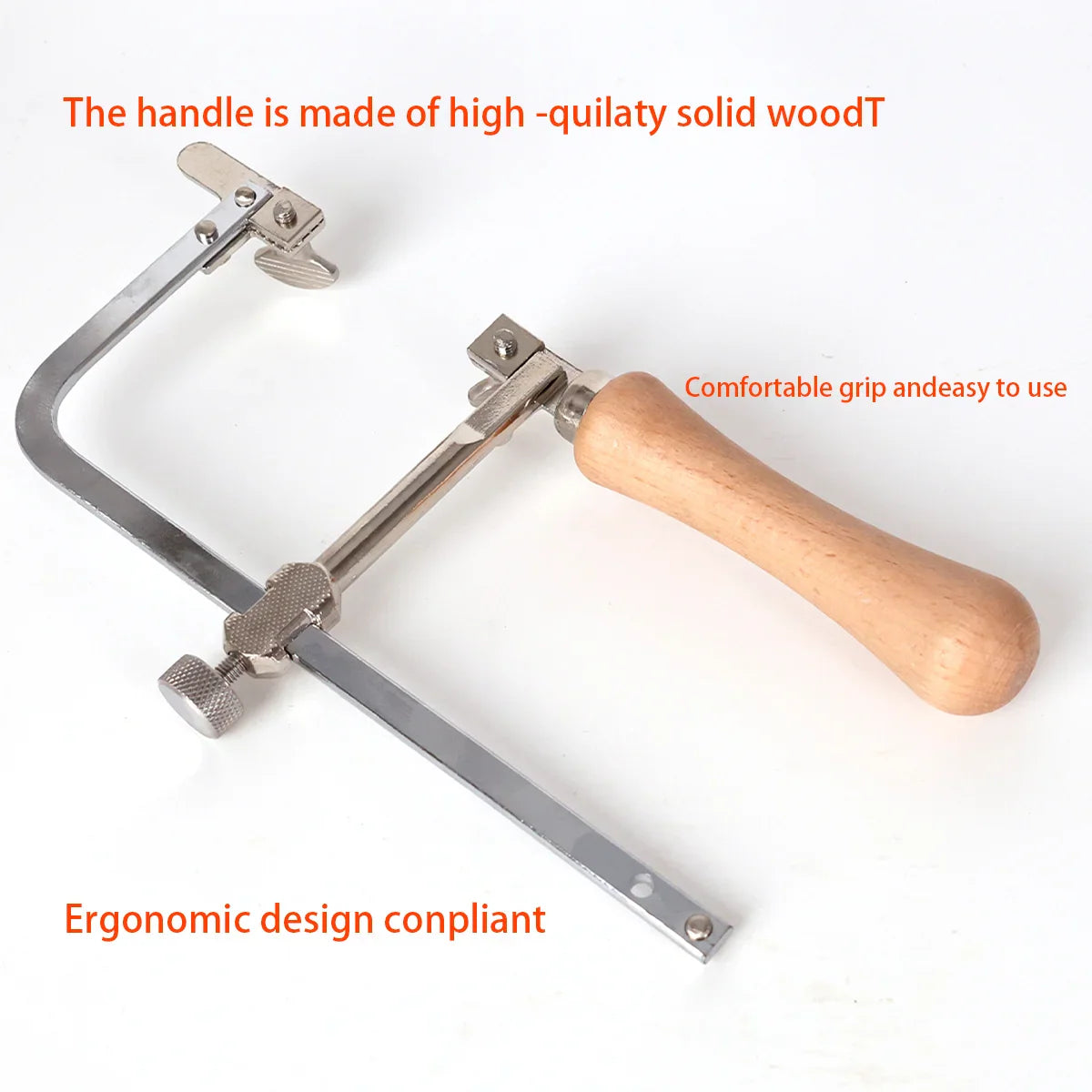 U-shaped jewelry saw frame with promotional text regarding its handle design