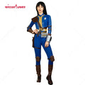 Blue and yellow vault suit cosplay jumpsuit with brown armor pieces and accessories on a female model