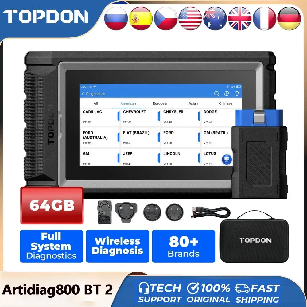 Automotive diagnostic scanner tool with accessories and case, 64GB, full system diagnostics, 80 plus vehicle brands