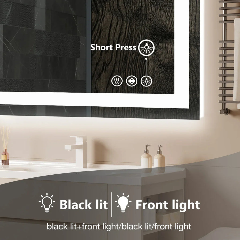 Close up of touch controls on an LED bathroom vanity mirror demonstrating lighting modes