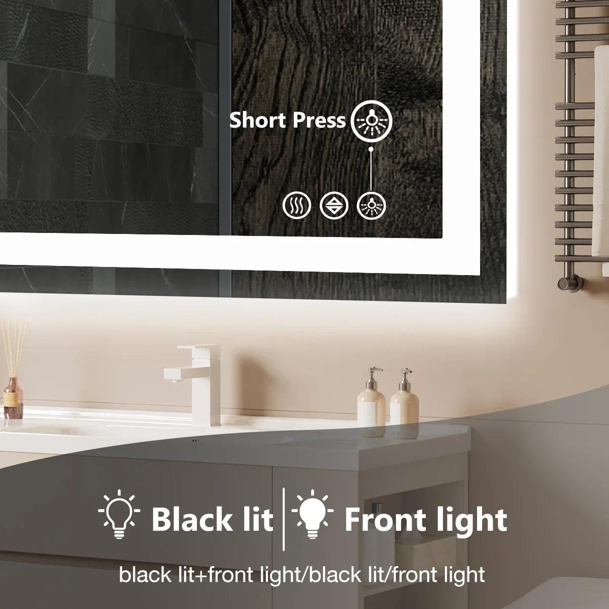 Close up of touch controls on an LED bathroom vanity mirror demonstrating lighting modes