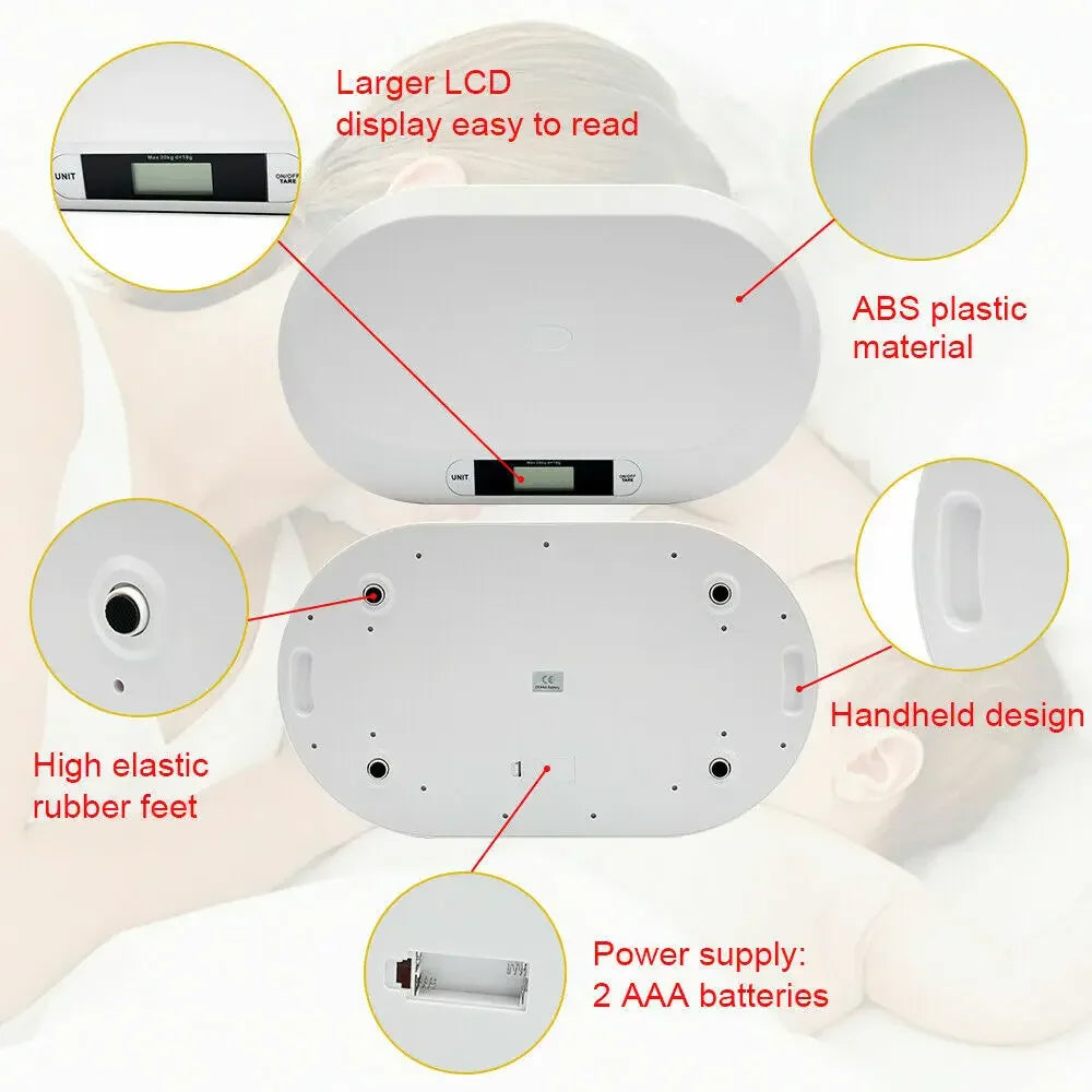 Features of a white digital baby scale including LCD, battery and non-slip feet