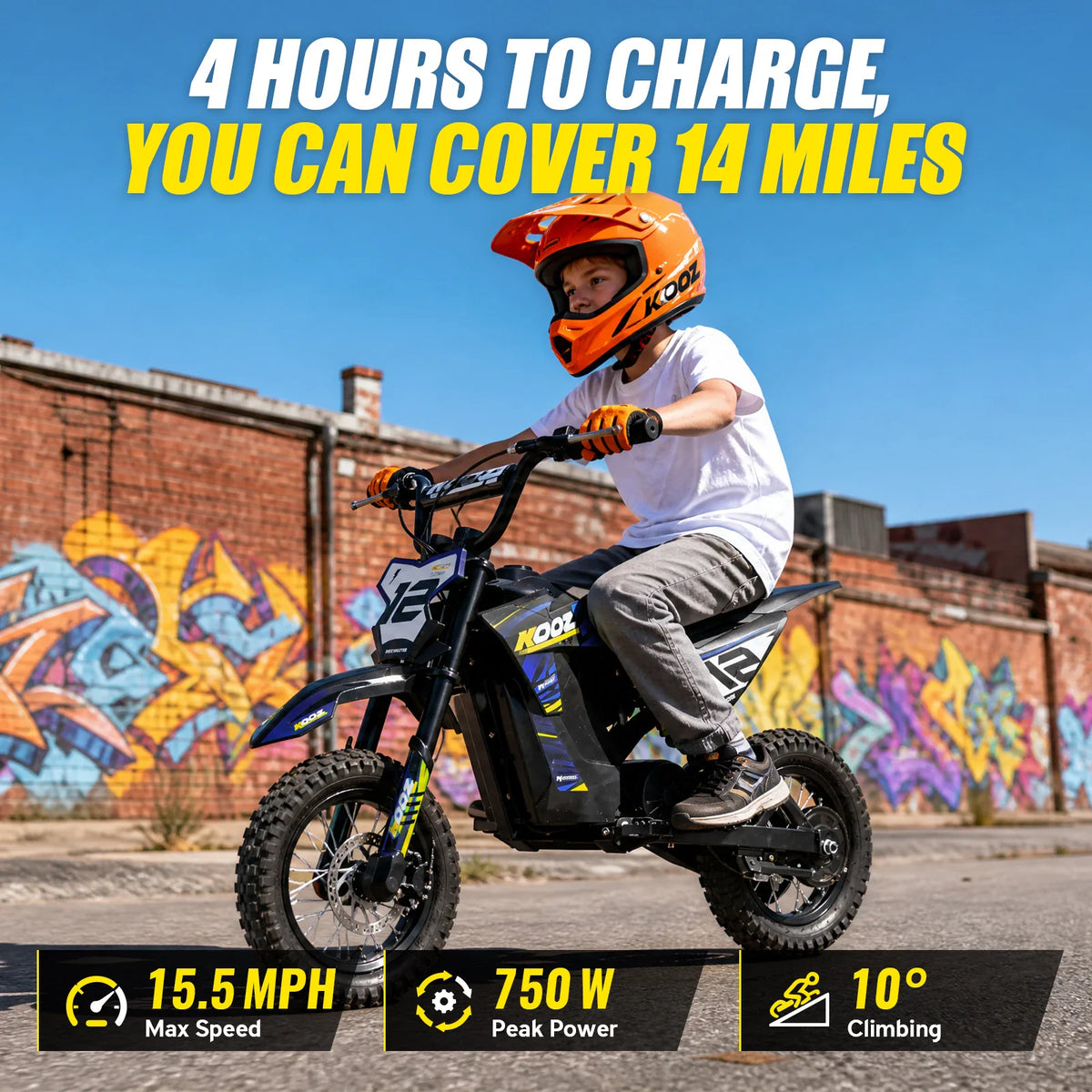 A young boy wearing an orange helmet on an electric dirt bike in an outdoor setting.