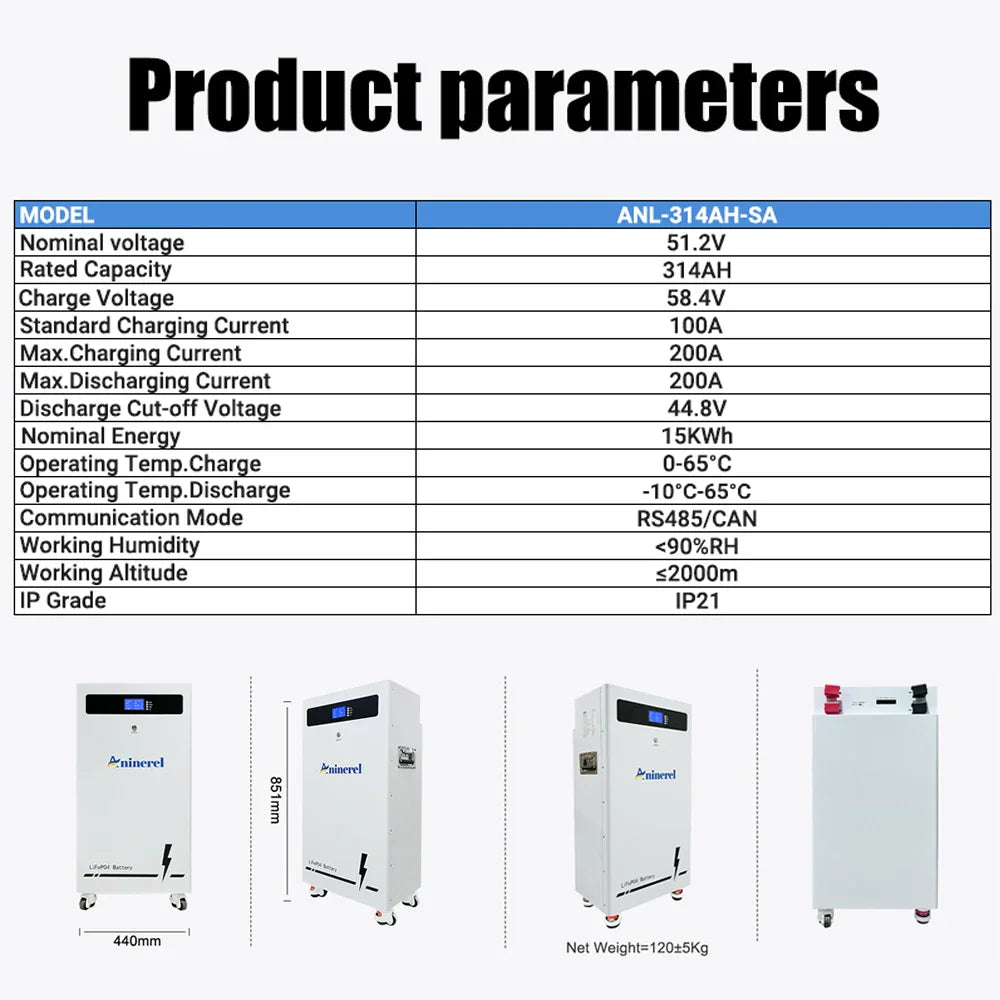 Product specification table and dimensions for a 15KWh LiFePO4 solar battery