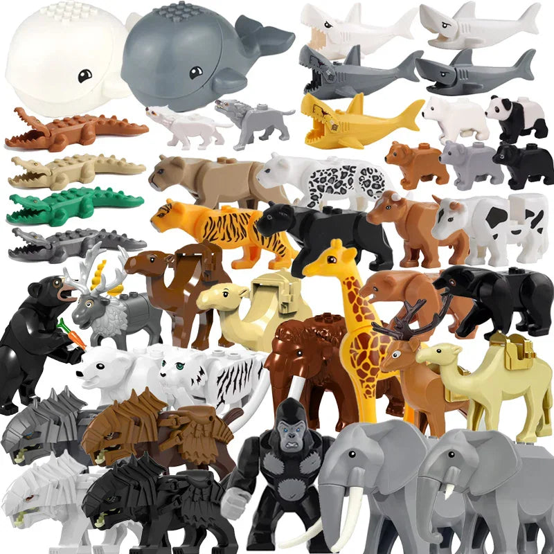 A collection of various MOC zoo and farm animal figures including plastic building blocks.