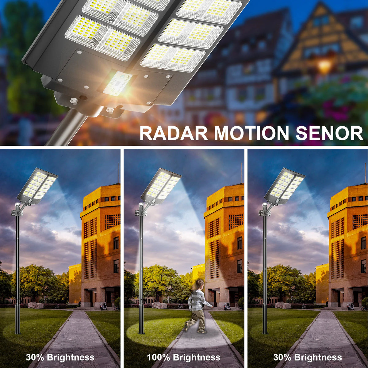 Three-part illustration showing solar street light brightness levels triggered by motion sensing.