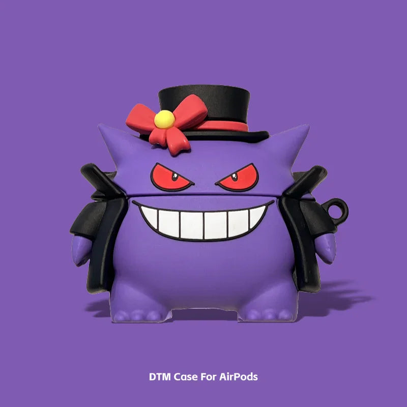 Purple silicone earphone protective case shaped like a character wearing a top hat with a red bow