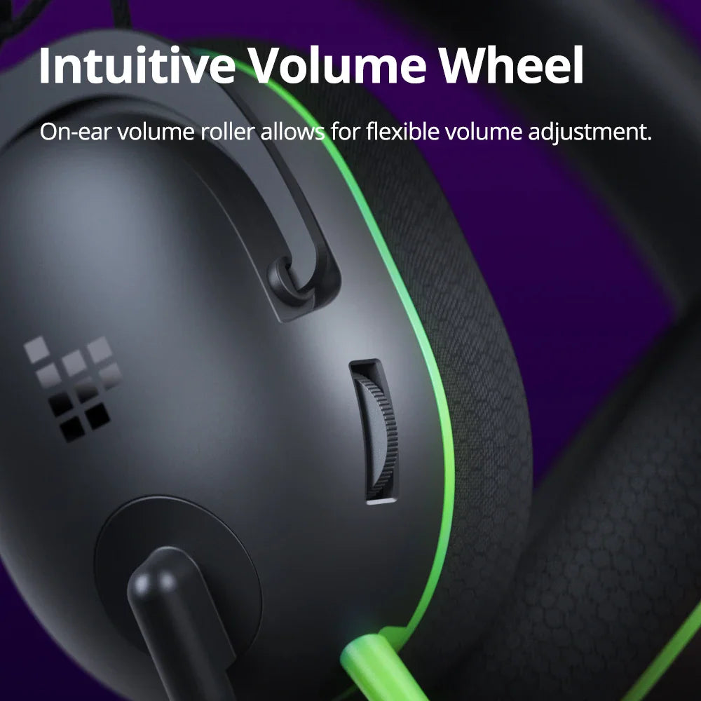 Close-up of the volume control wheel on the side of a gaming headset.