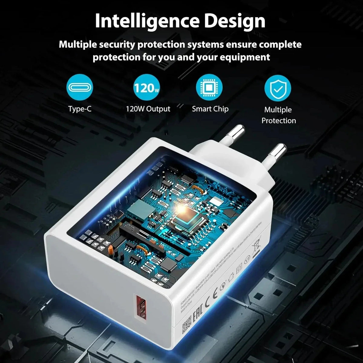 White 120W fast wall charger with an internal electronic chip diagram overlay